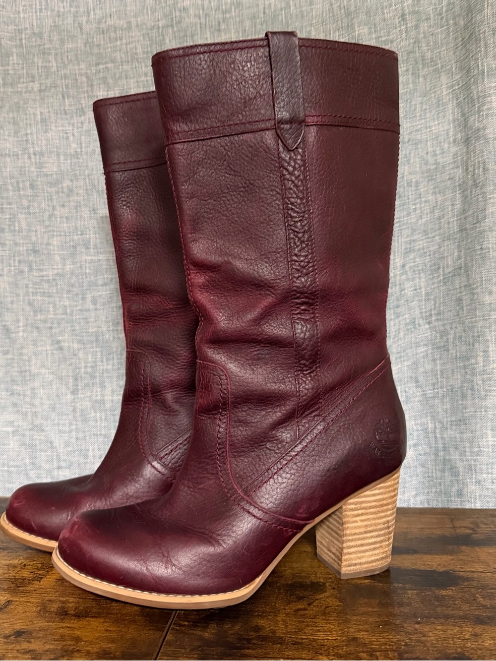 Timberland Burgundy Leather Mid-Calf Block Heel Boots